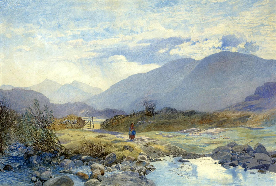 Capel Curig with Snowdon and the Glyders in the Distance. North Wales Drawing by Alfred William Hunt