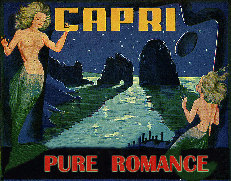 Vintage Painting - Capri, Italy, mermaids, romantic night by Long Shot
