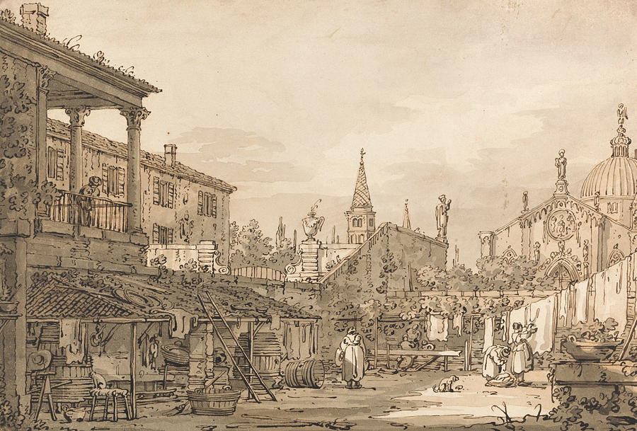 Capriccio of a Venetian Courtyard Drawing by Canaletto