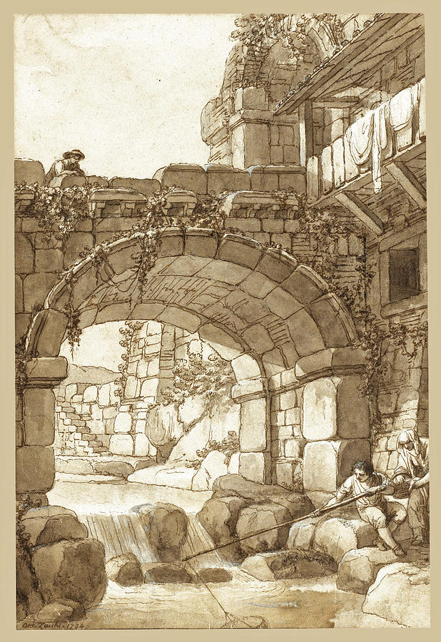 Capriccio with a Bridge over a River with Figures and a Fisherman Drawing by Antonio Zucchi