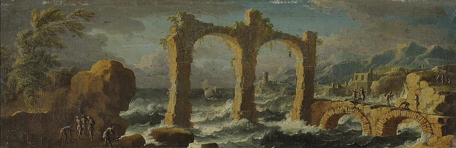 Capriccio with a storm on the sea Painting by Leonardo Coccorante