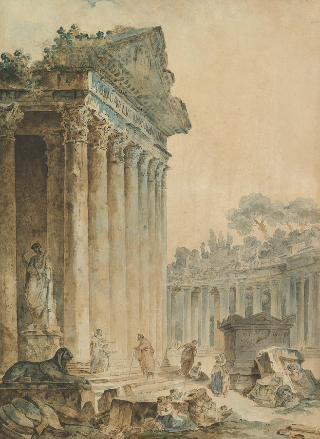 Capriccio with an Ancient Temple Drawing by Hubert Robert