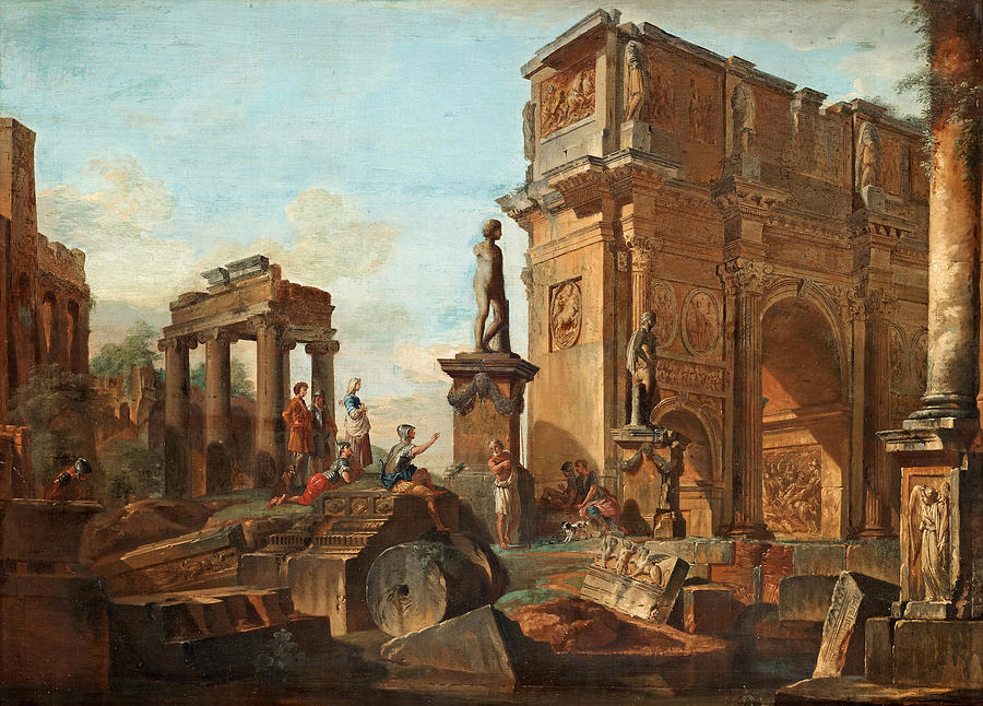 Giovanni Paolo Panini Painting - Capriccio with figures at the Roman ruins and the Arch of Constantine by Celestial Images