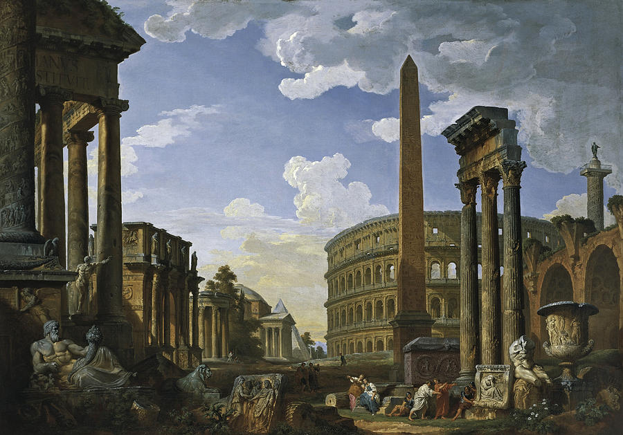 Capriccio with the Most Important Monuments and Sculptures of Ancient Rome Painting by Giovanni Paolo Panini