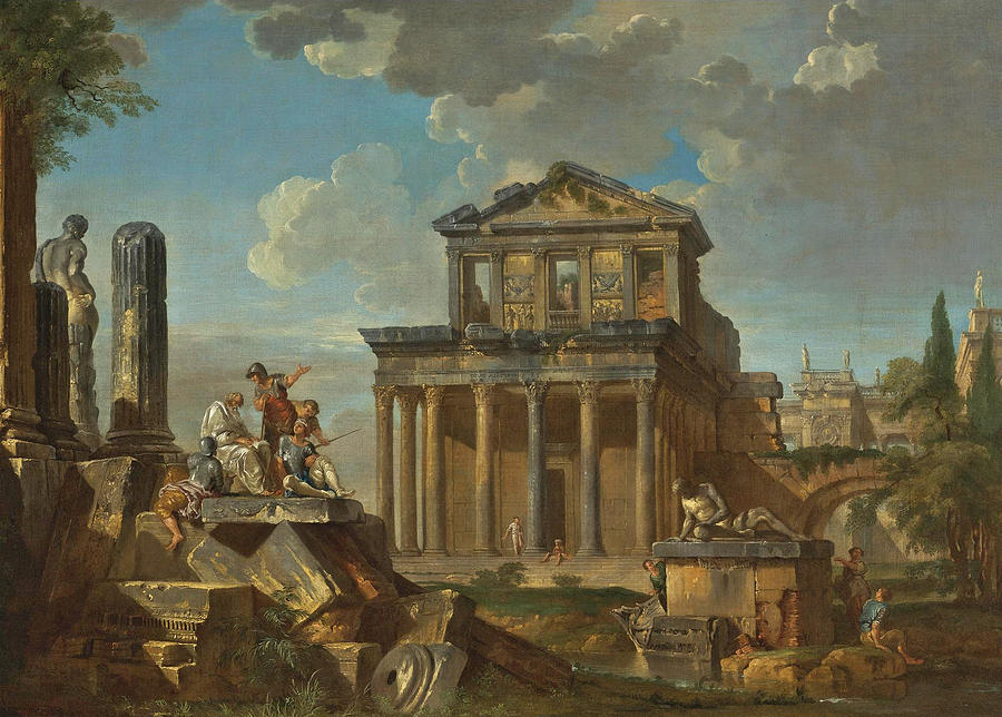 Capriccio with the Temple of the Divine Antoninus Pius and Faustina Painting by Giovanni Paolo Panini and Studio