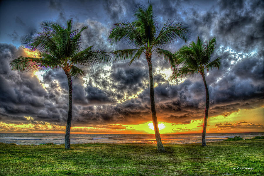 Oahu HI Captivating Palm Trees Sunset Pacific Ocean Seascape Art Photograph by Reid Callaway