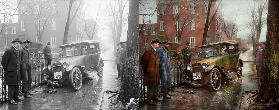 Car Accident - Watch for ice 1921 - Side by Side Photograph by Mike Savad