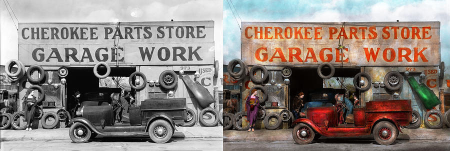 Car - Garage - Cherokee Parts Store - 1936 - Side by side Photograph by Mike Savad