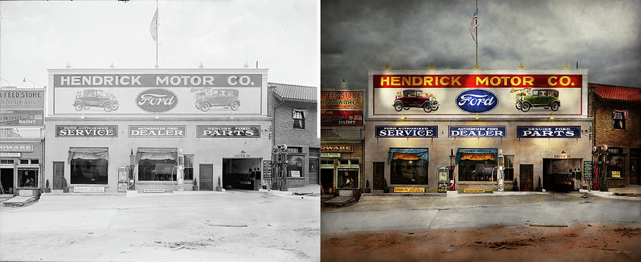 Vintage Photograph - Car - Garage - Hendricks Motor Co 1928 - Side by Side by Mike Savad
