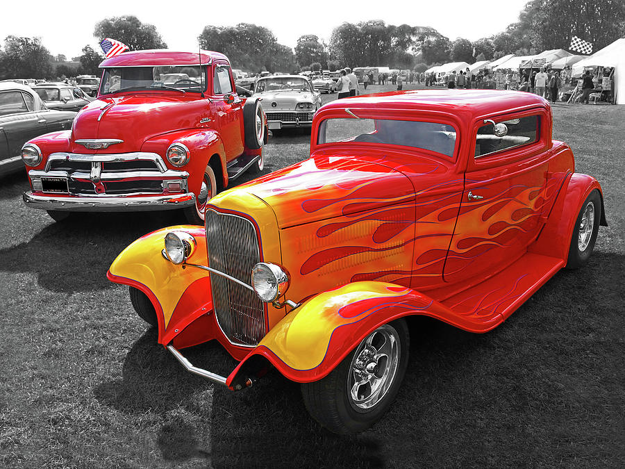 Vintage Photograph - Car Show Fever - 54 Chevy with A 32 Ford Coupe Hot Rod by Gill Billington