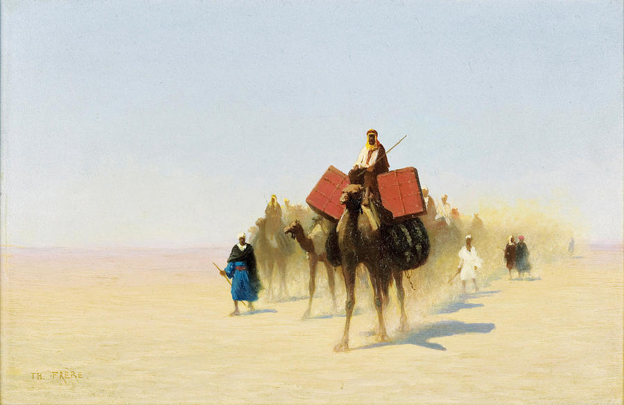 Caravan of Egyptian Dealers. Suez Desert Painting by Charles-Theodore Frere
