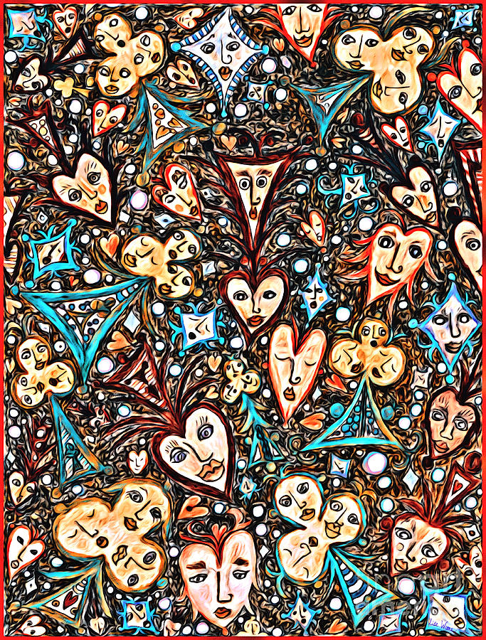 Card Game Symbols with Faces Rust and Turquoise Digital Art by Lise Winne