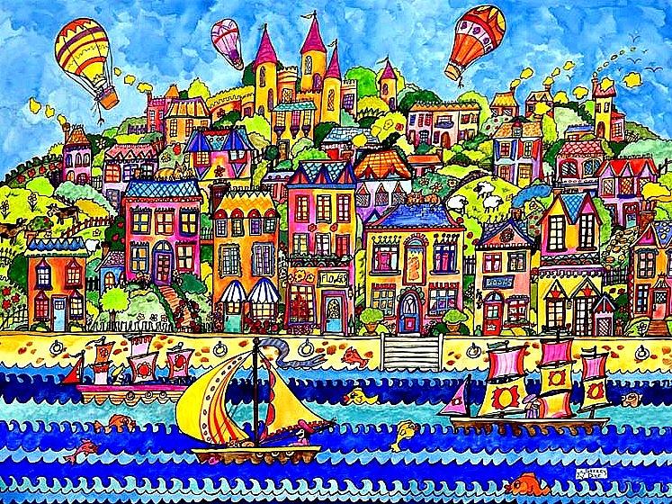 Card of City by the Sea Painting by Sherry Dole