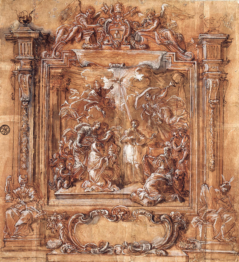 Giuseppe Passeri Drawing - Cardinal Albani is offered the Tiara by Giuseppe Passeri