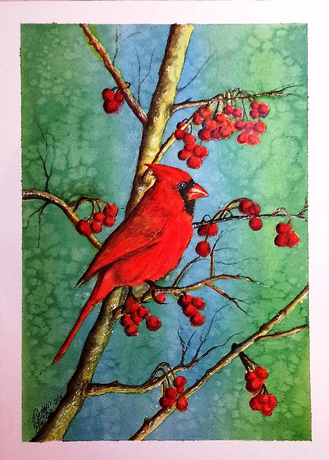 Cardinal and Berries Painting by Richard Benson