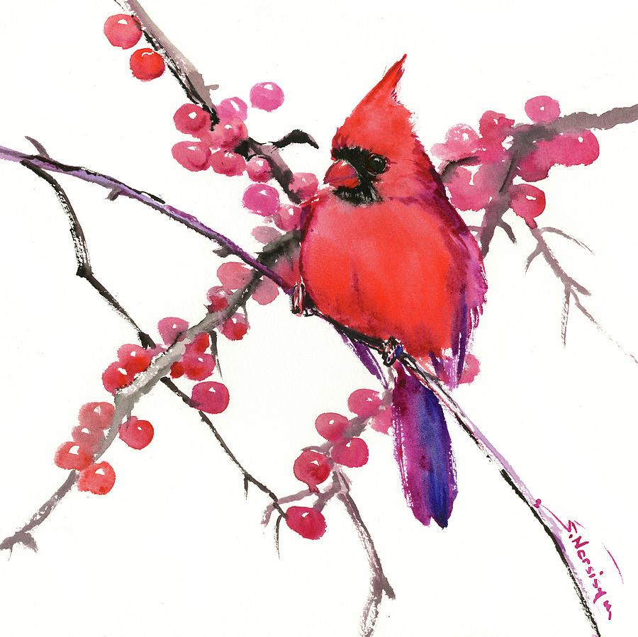Cardinal Painting - Cardinal and Berries by Suren Nersisyan