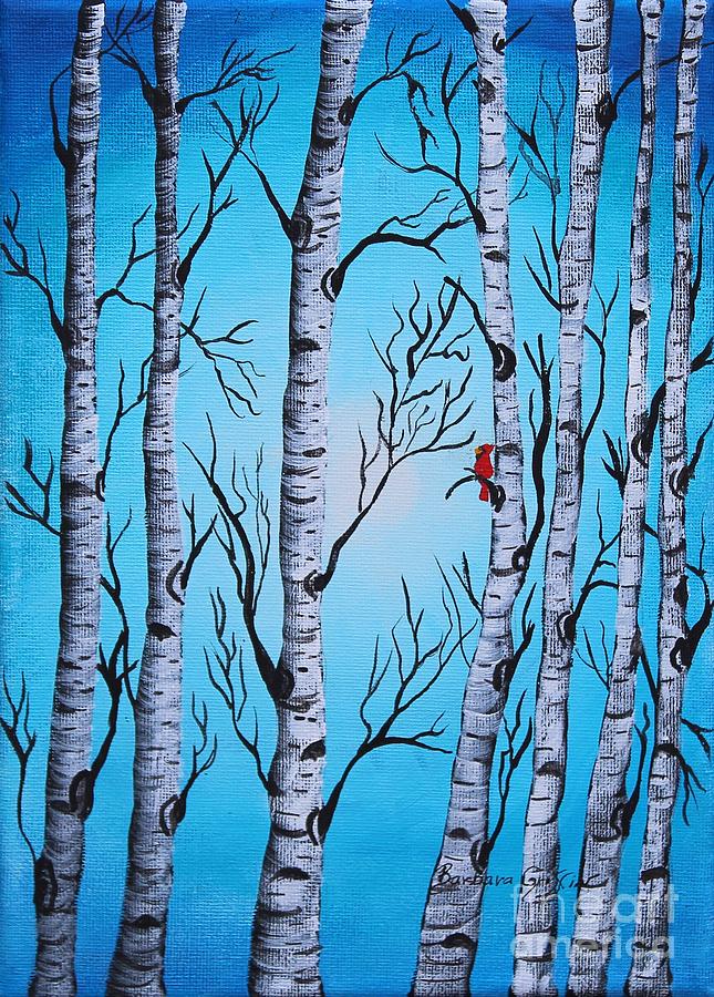 Cardinal and Birch Trees Painting by Barbara A Griffin
