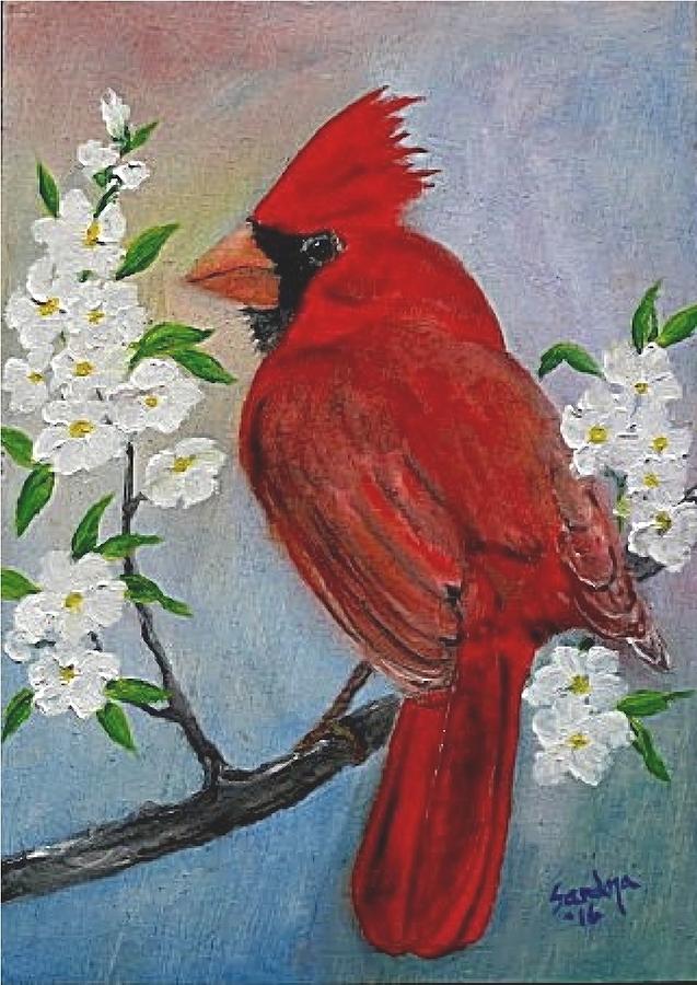 Cardinal Painting - Cardinal and Flowers by Sandra Maddox