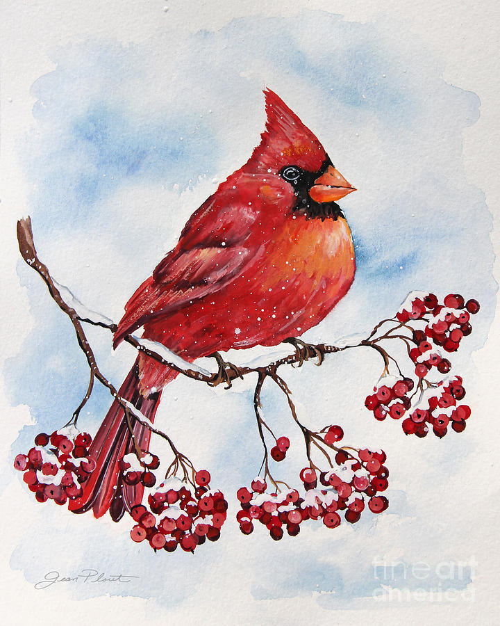 Cardinal And Winter Berries-JP3893 Painting by Jean Plout