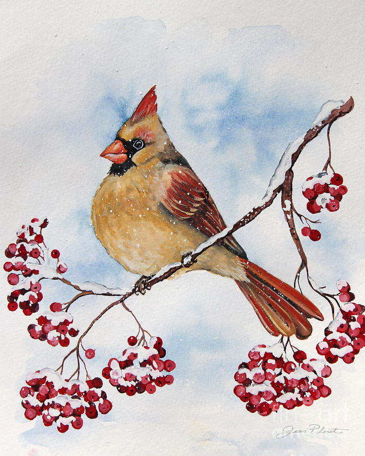 Cardinal And Winter Berries-JP3894 Painting by Jean Plout
