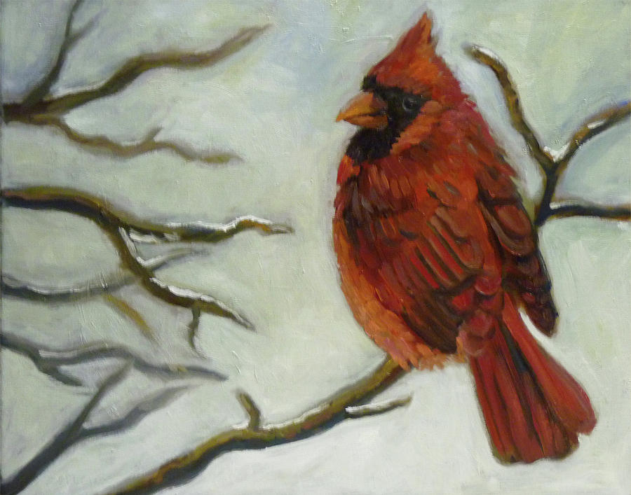Cardinal at the Feeder Painting by Nora Sallows