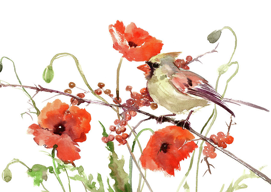 Cardinal Bird and Poppies Painting by Suren Nersisyan