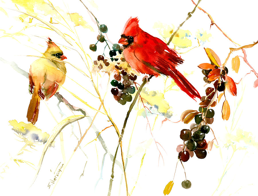 Bird Painting - Cardinal Birds and Berries by Suren Nersisyan