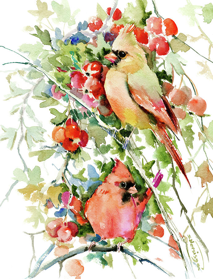 Cardinal Birds and Hawthorn Painting by Suren Nersisyan