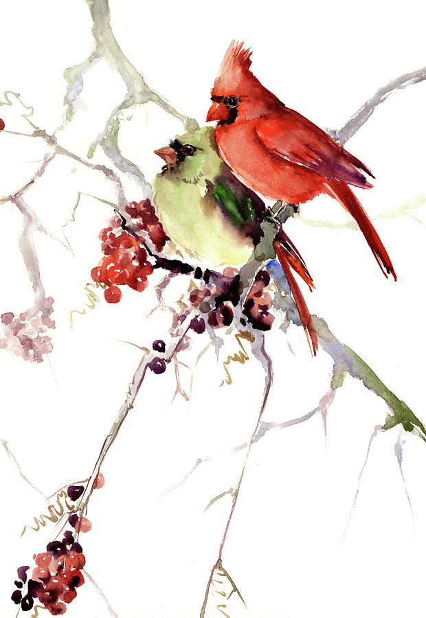 Cardinal Birds, Two cardinal birds design Painting by Suren Nersisyan