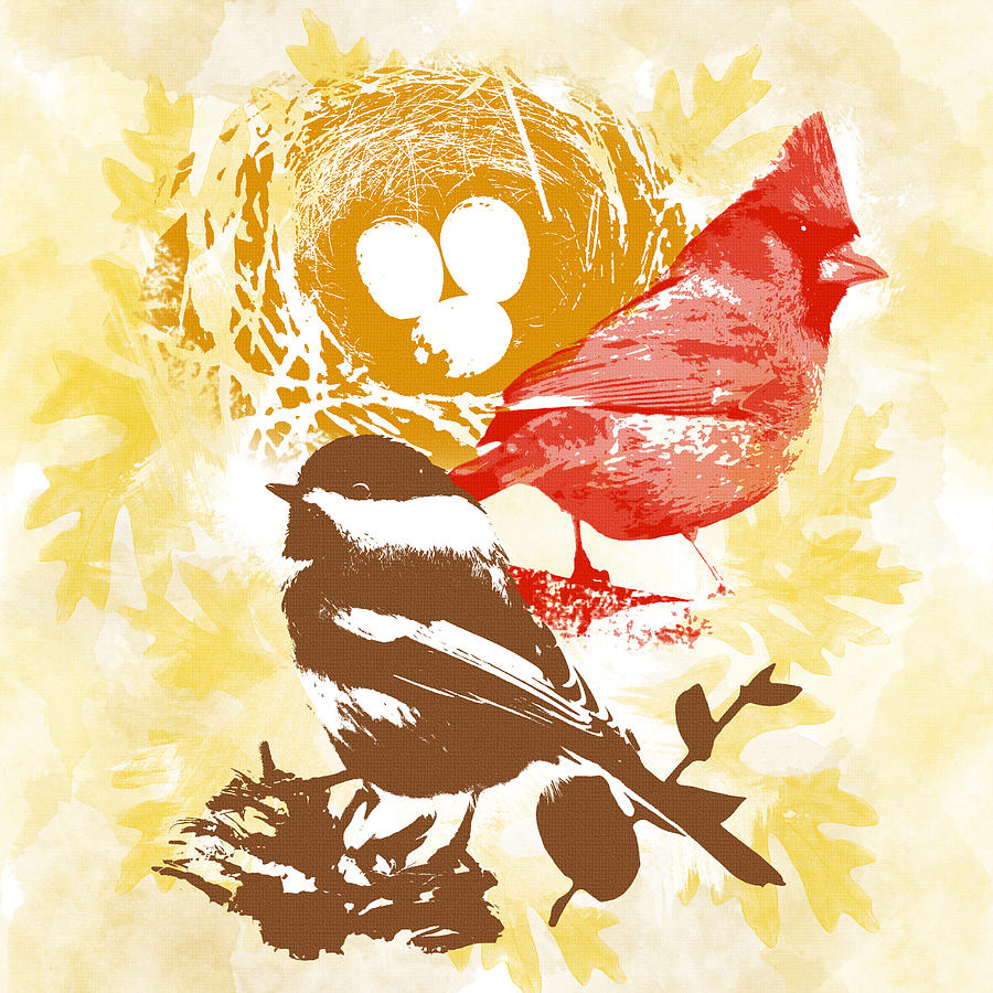 Cardinal Chickadee Birds Nest with Eggs Mixed Media by Christina Rollo