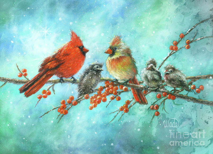 Cardinal Painting - Cardinal Family Three Kids by Vickie Wade