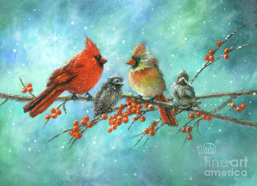 Bird Painting - Cardinal Family Two Babies by Vickie Wade
