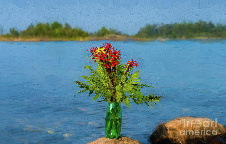 Cardinal Flowers On a Rock Digital Art by Les Palenik