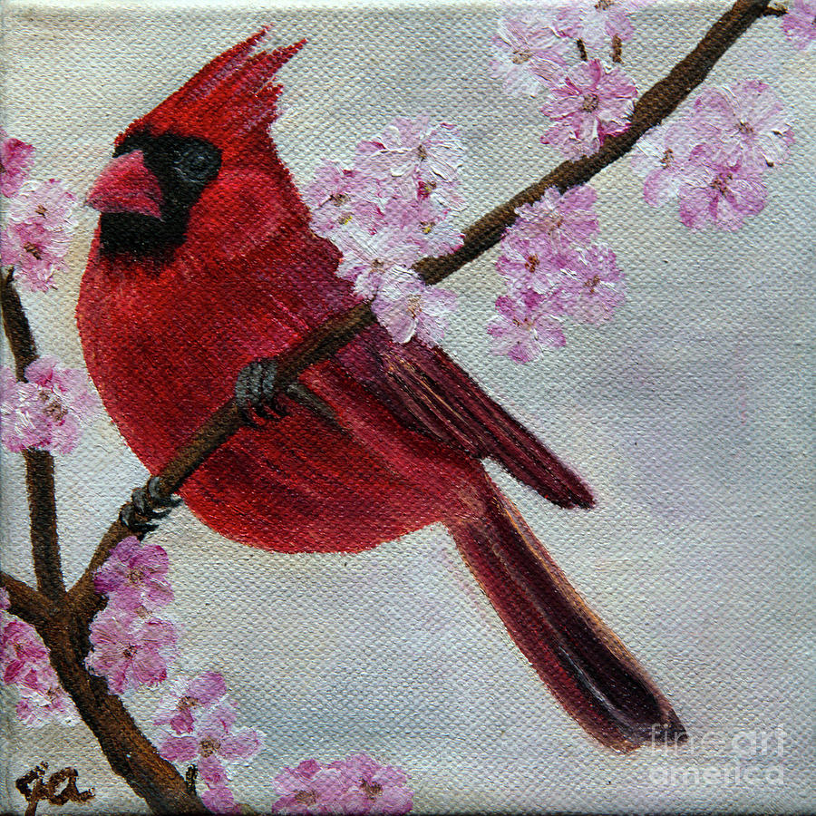 Cardinal in Cherry Blossoms Painting by Jane Axman