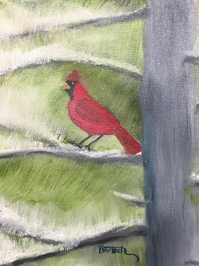 Cardinal in My Pine Tree Painting by David Bartsch