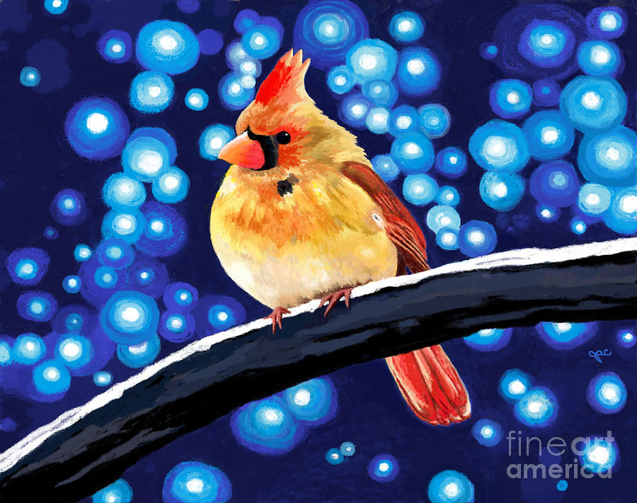 Cardinal Mama Snowfall Painting by Jackie Case