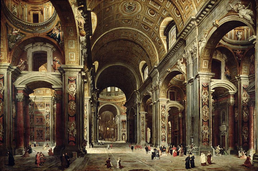Cardinal Melchior de Polignac Visiting St Peters in Rome Painting by Giovanni Paolo Panini