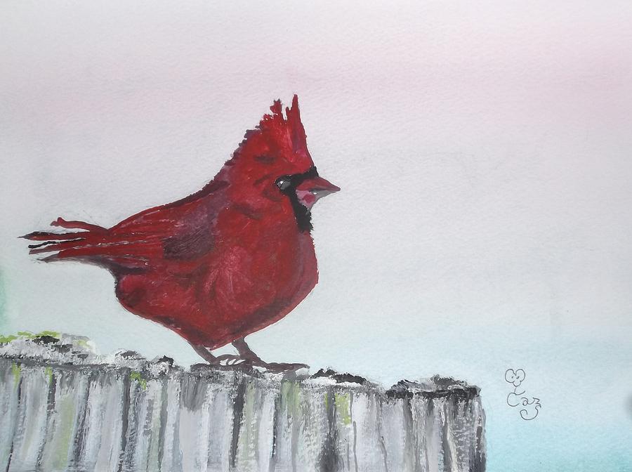 Cardinal on a fence post Painting by Carole Robins