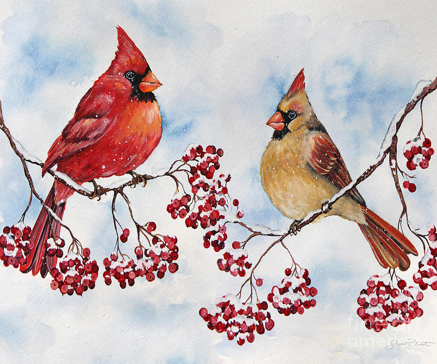 Cardinals And winter berries-JP3895 Painting by Jean Plout