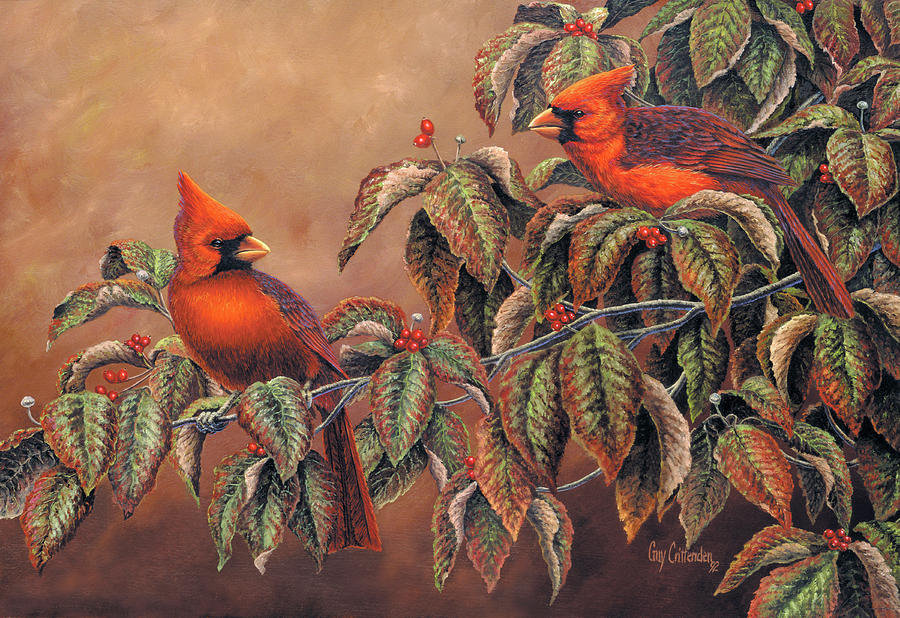 Cardinals in Dogwood Painting by Guy Crittenden