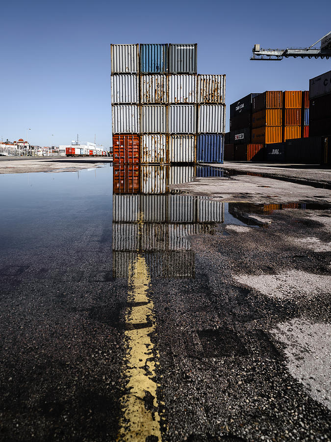 Cargo Containers Reflecting On Large Puddle II Photograph