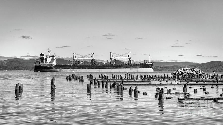 Cargo Ship, Columbia River BW Photograph by Jerry Fornarotto