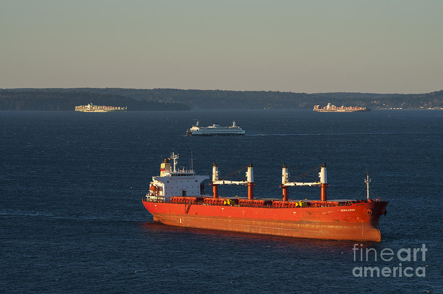 Transportation Photograph - Cargo ships in Puget Sound with Ferry Boat by Jim Corwin