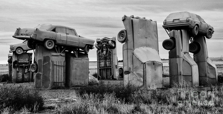 Black And White Photograph - Carhenge Nebraska 11 by Bob Christopher