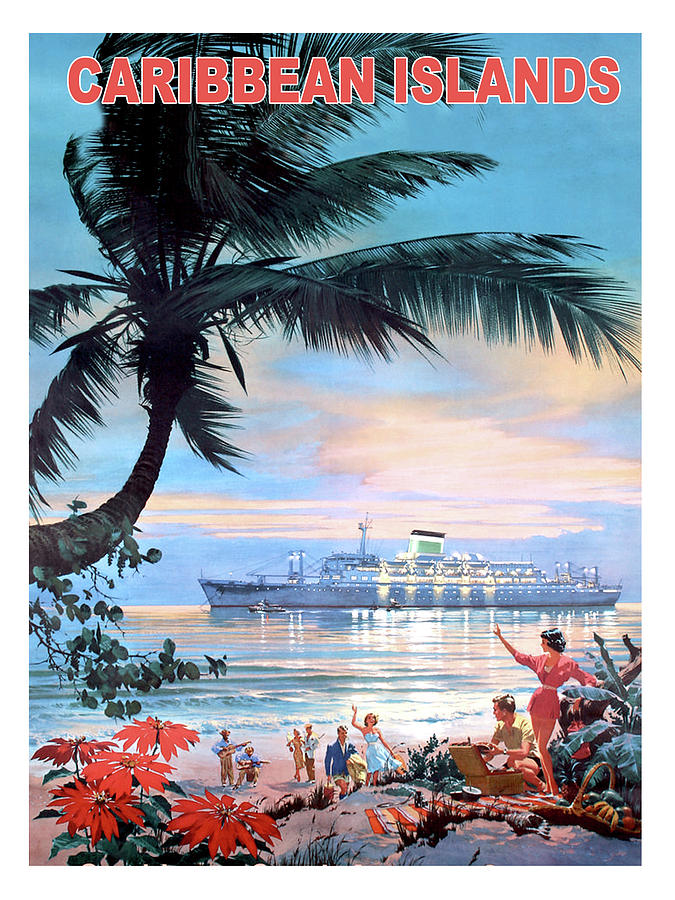 Sunset Painting - Caribbean island, tourist ship by Long Shot
