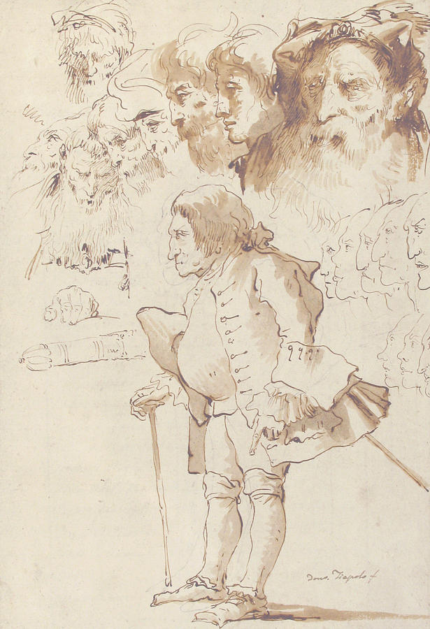 Caricature of a Gentleman and Other Studies Drawing by Giovanni Domenico Tiepolo