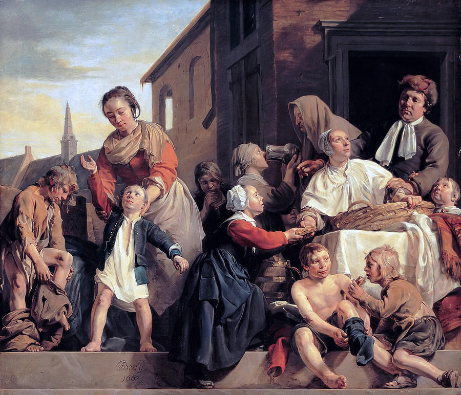 Jan De Bray Painting - Caring for children at the Orphanage in Haarlem. Three Acts of Mercy by Jan de Bray