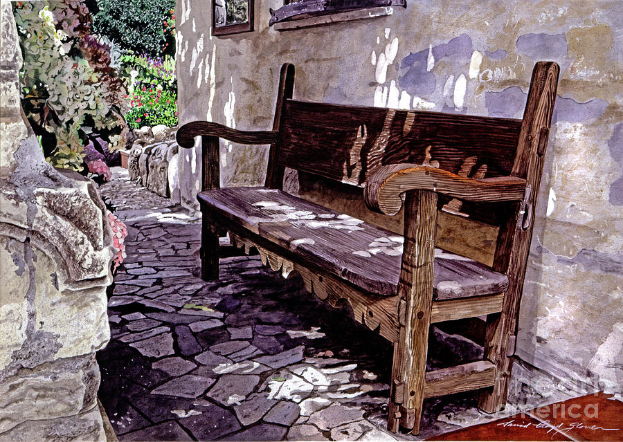 Watercolor Painting - Carmel Mission Bench by David Lloyd Glover