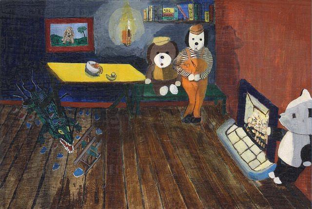 Toy Bears Painting - Carmel the croc breaks into the three Bears house. by Frank Maguire Toy Bears Painting - Carmel the croc breaks into the three Bears house. by Frank Maguire