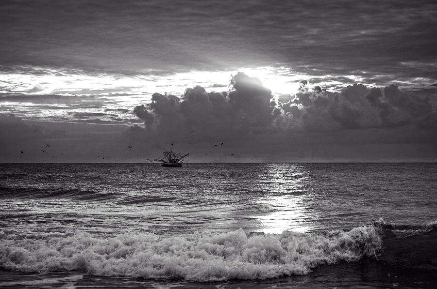 Bird Photograph - Carolina Beach Shrimp Boat At Sunrise in Black and White by Greg and Chrystal Mimbs